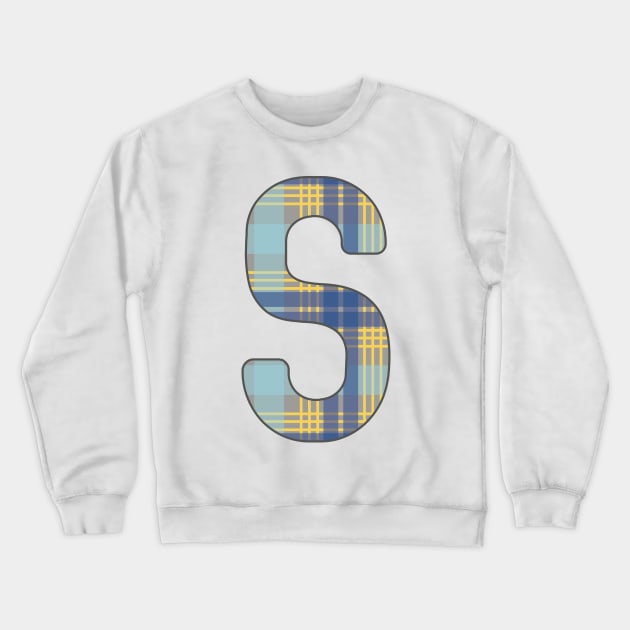 Monogram Letter S, Blue, Yellow and Grey Scottish Tartan Style Typography Design Crewneck Sweatshirt by MacPean